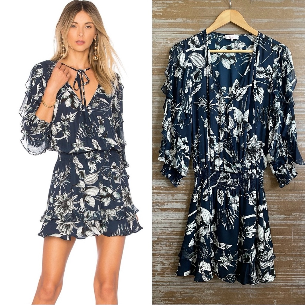 Parker Linette Combo Dress Blue Rooted Floral Silk